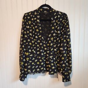 BANANA REPUBLIC Black Yellow Floral Print Wrap Long Sleeve Blouse Top Large